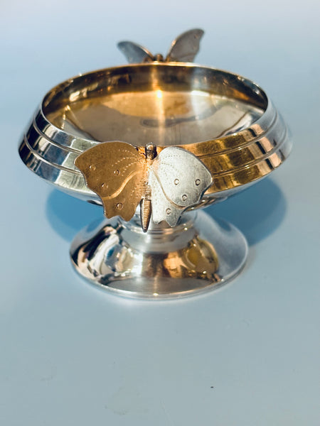 Sterling Silver Figural Salt Cellar with Pedestal Foot and Butterfly Handles.