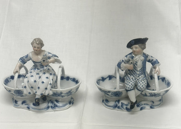 Pair Double Salts. Meissen Porcelain Blue and White. Girl and Boy Figures. 3024