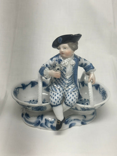 Pair Double Salts. Meissen Porcelain Blue and White. Girl and Boy Figures. 3024