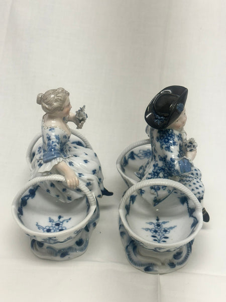Pair Double Salts. Meissen Porcelain Blue and White. Girl and Boy Figures. 3024