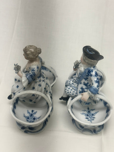 Pair Double Salts. Meissen Porcelain Blue and White. Girl and Boy Figures. 3024