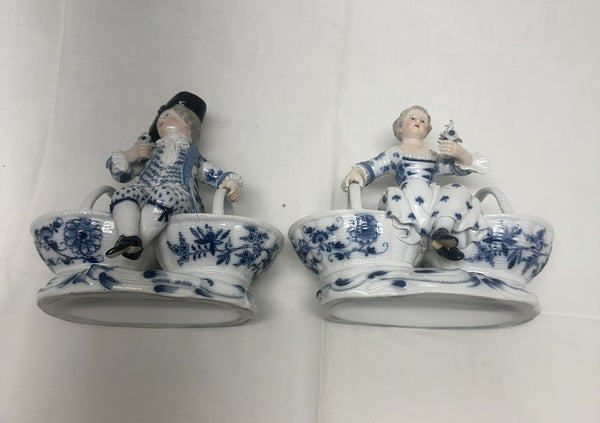 Pair Double Salts. Meissen Porcelain Blue and White. Girl and Boy Figures. 3024