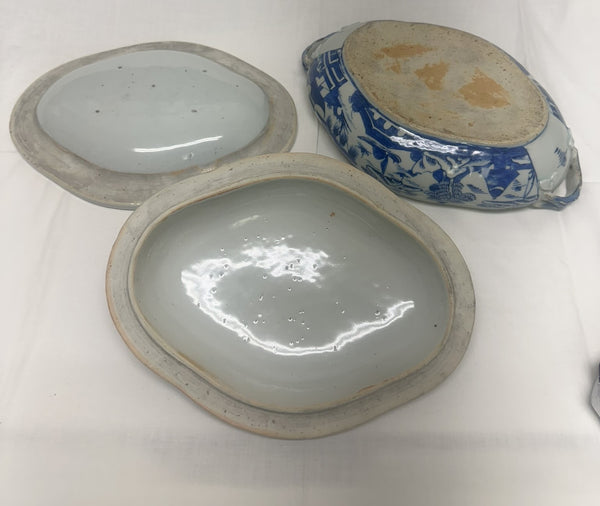 Warming Dish with Liner. Chinese Canton Blue and White Porcelain. 19th Century