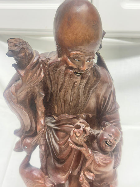 Chinese Carved Wood Immortal with Crane and Boy. Qing. 16 1/2" height