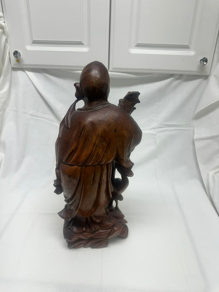 Chinese Carved Wood Immortal with Crane and Boy. Qing. 16 1/2" height