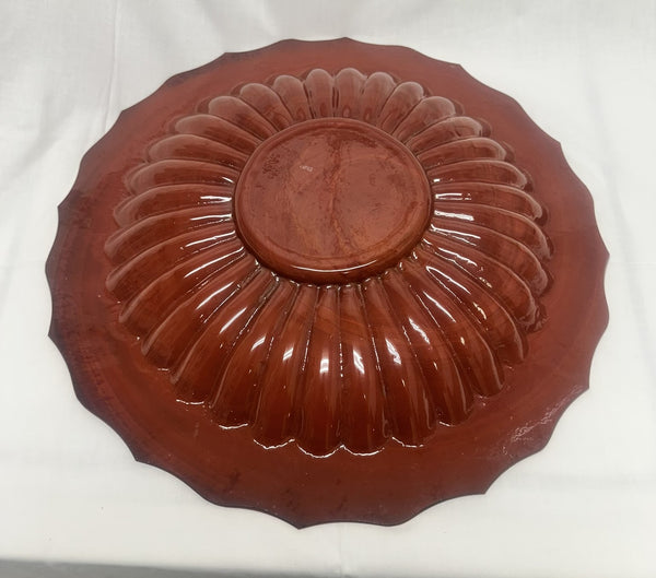 Large Chinese Peking Glass Ribbed Charger. Brownish Rust Red. 17 1/4" Diameter