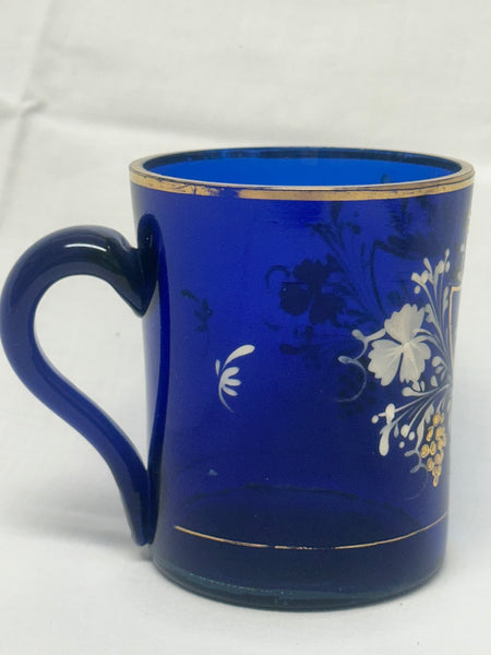 Remember Me Mug. Cobalt Blue Glass with Enamel Flowers and Leaves.