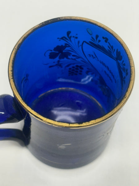 Remember Me Mug. Cobalt Blue Glass with Enamel Flowers and Leaves.