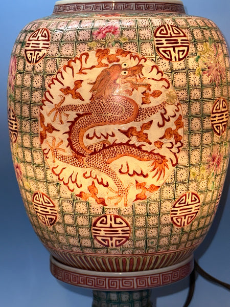 Two Chinese Porcelain Lamps Red Dragon Motif. Republic Period Early 20th Century