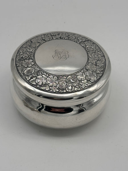 Circular Box. Sterling Silver. Ortega Mexico. Repousse Flowers. 4 1/2" 280 grams