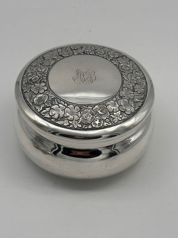 Circular Box. Sterling Silver. Ortega Mexico. Repousse Flowers. 4 1/2" 280 grams
