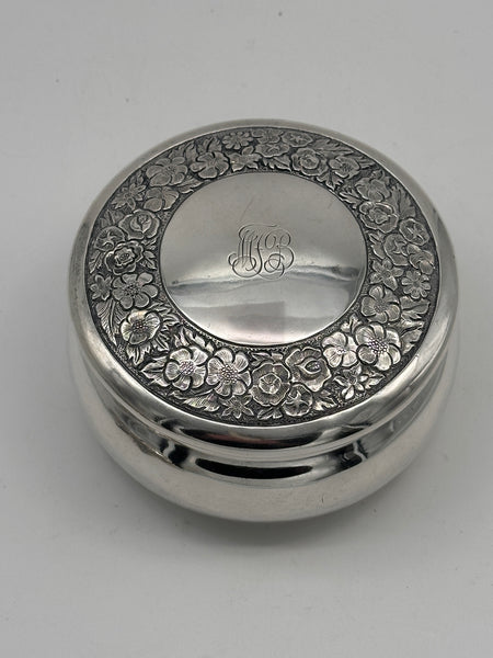 Circular Box. Sterling Silver. Ortega Mexico. Repousse Flowers. 4 1/2" 280 grams