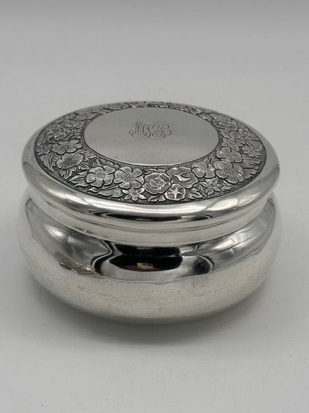 Circular Box. Sterling Silver. Ortega Mexico. Repousse Flowers. 4 1/2" 280 grams