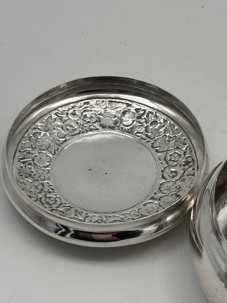 Circular Box. Sterling Silver. Ortega Mexico. Repousse Flowers. 4 1/2" 280 grams