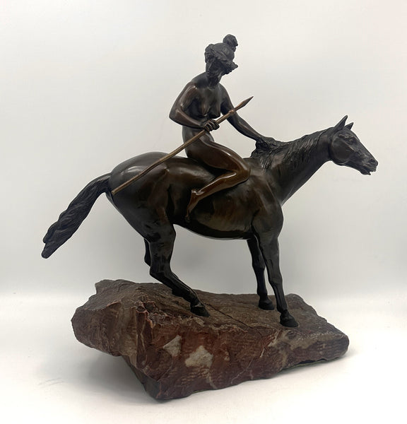 Bronze Figural of a Huntress on Horseback. Stone Base. Unsigned. 11" Height