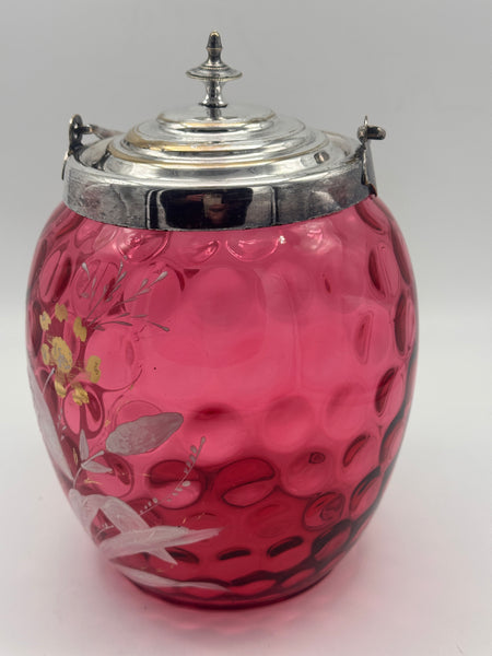Biscuit Jar. Cranberry Glass Enamel and Gilded Flowers. Circa 1880