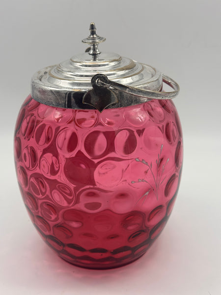 Biscuit Jar. Cranberry Glass Enamel and Gilded Flowers. Circa 1880