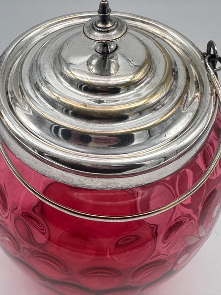 Biscuit Jar. Cranberry Glass Enamel and Gilded Flowers. Circa 1880