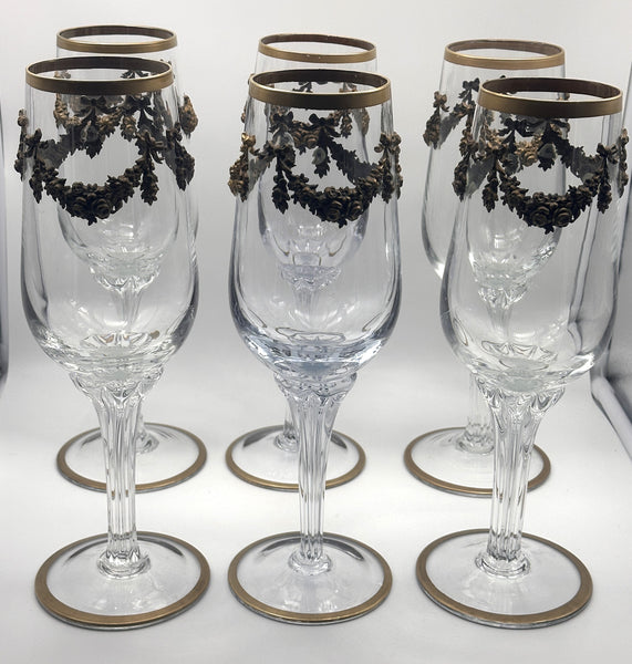 Set of Six Massive Crystal Goblets with Gilded Floral Wreaths and Bows. 12 1/2"
