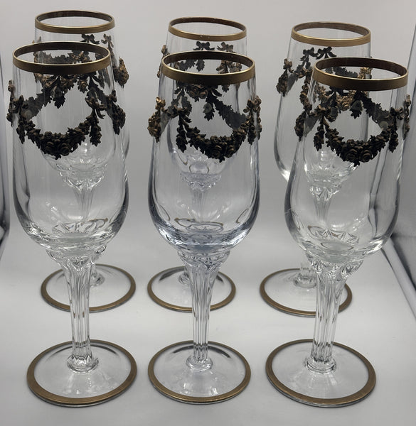 Set of Six Massive Crystal Goblets with Gilded Floral Wreaths and Bows. 12 1/2"