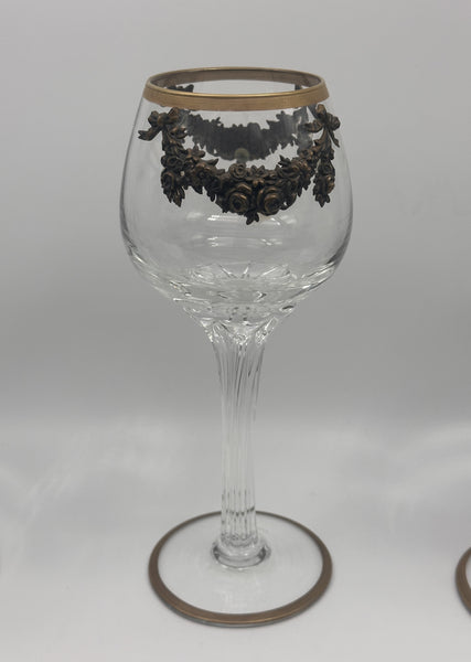 Set of Six Massive Crystal Goblets with Gilded Floral Wreaths and Bows. 9 1/2"