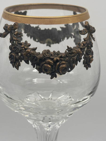 Set of Six Massive Crystal Goblets with Gilded Floral Wreaths and Bows. 9 1/2"