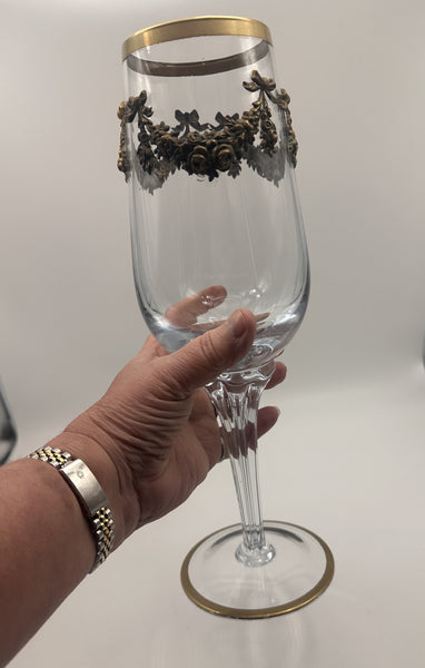 Set of Six Massive Crystal Goblets with Gilded Floral Wreaths and Bows. 9 1/2"
