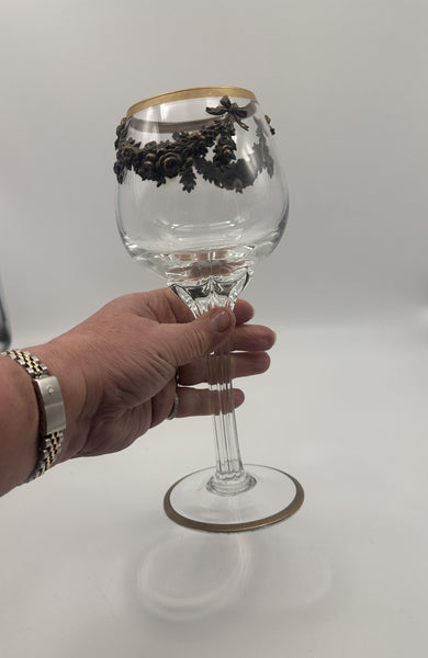 Set of Six Massive Crystal Goblets with Gilded Floral Wreaths and Bows. 9 1/2"