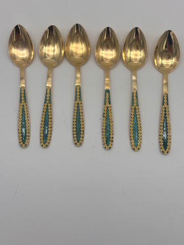 Set of Six Russian 916 Silver and Enamel Coffee Spoons Gold Wash. 4 1/4". 98 g