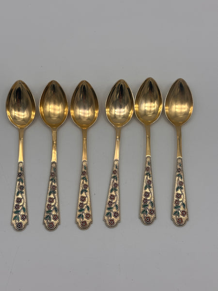 Set of Six Russian 875 Silver and Enamel Coffee Spoons Gold Wash. 5 3/4" 140 g