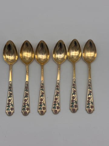 Set of Six Russian 875 Silver and Enamel Coffee Spoons Gold Wash. 5 3/4" 140 g