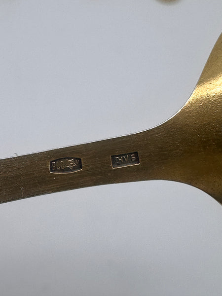 Set of Six Russian 875 Silver and Enamel Coffee Spoons Gold Wash. 5 3/4" 140 g