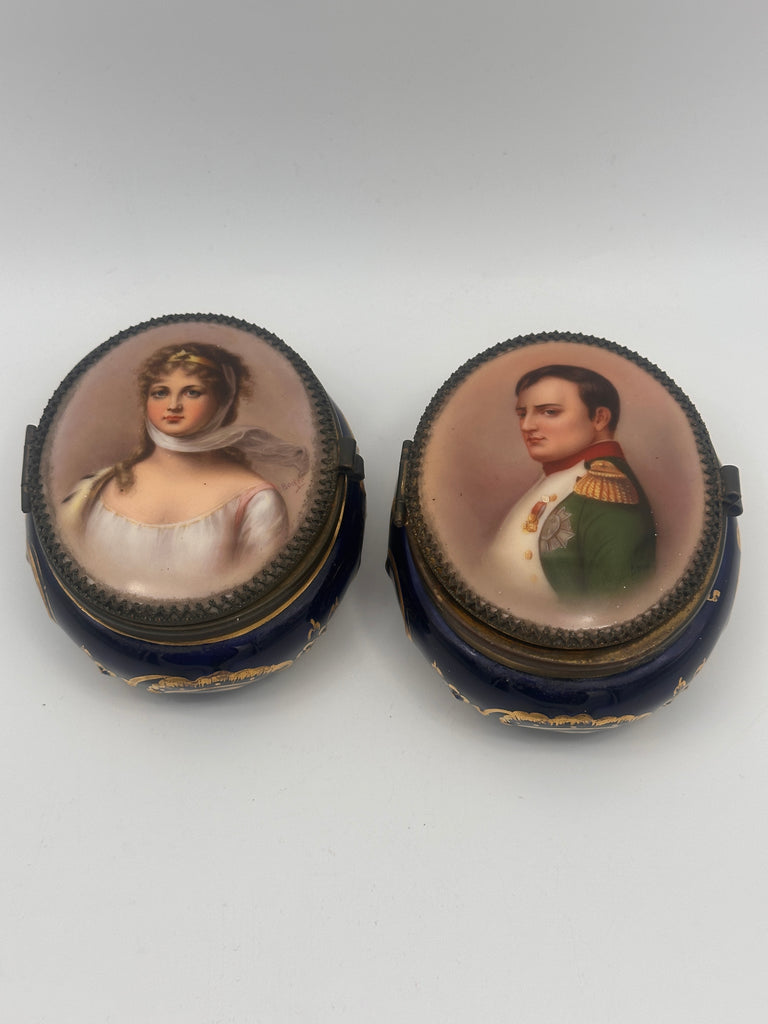 Pair Porcelain Box. Napoleon and Marie Louise Bonaparte Portraits. 4"