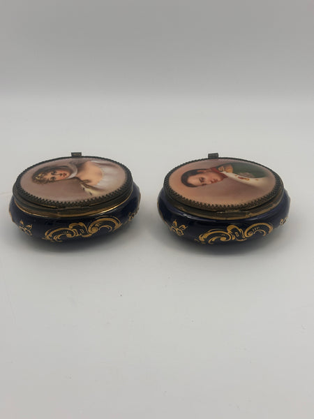 Pair Porcelain Box. Napoleon and Marie Louise Bonaparte Portraits. 4"