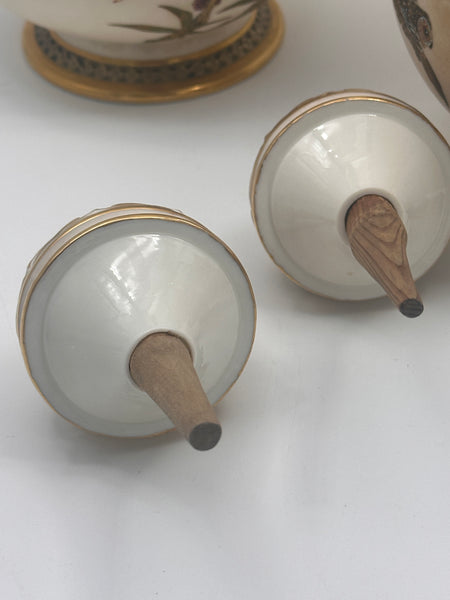 Pair Lidded Urns Bottles Vases. Royal Worcester Porcelain. 19th C. Owl Motif.