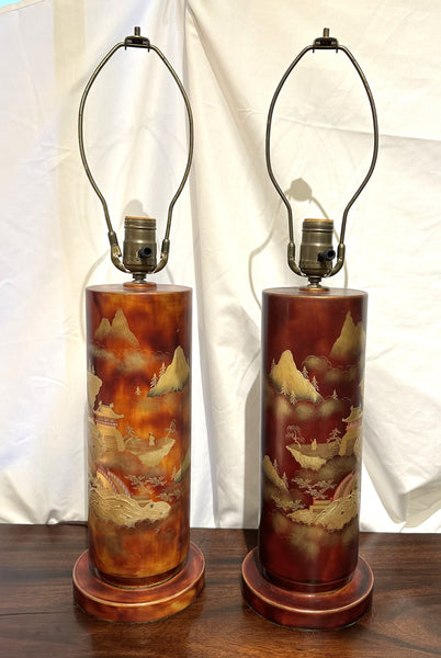 Two Mid Century Japanese Lamps. Red Lacquer, Painted, and Gilded Metal c. 1950s