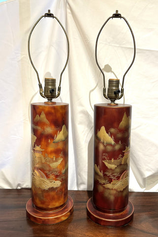 Two Mid Century Japanese Lamps. Red Lacquer, Painted, and Gilded Metal c. 1950s