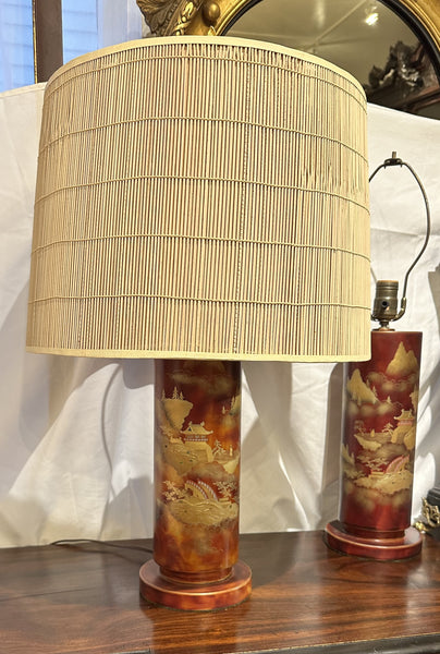 Two Mid Century Japanese Lamps. Red Lacquer, Painted, and Gilded Metal c. 1950s