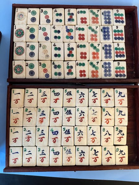 Chinese Mahjong Set. Wood Box with Pierced Brass Corners and Handles. Complete