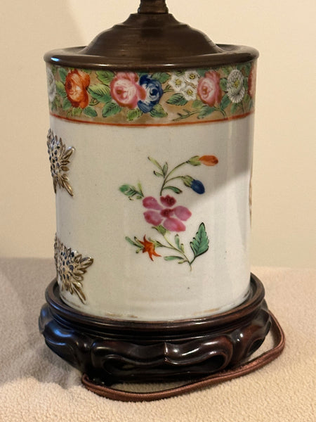 Chinese Qing 18th Century Porcelain Tankard Converted to Small Lamp. 18 1/2"