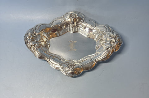 Reed & Barton Sterling Silver Nut Dish. Iris Flower Motif. L Monogram. 9 3/4"