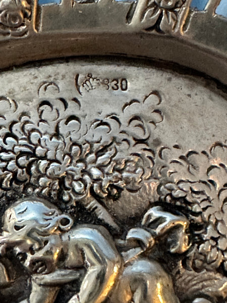 Bon Bon or Nut Bowl. German 830 Silver. Pierced Border. Cherubs with Birds Nest.