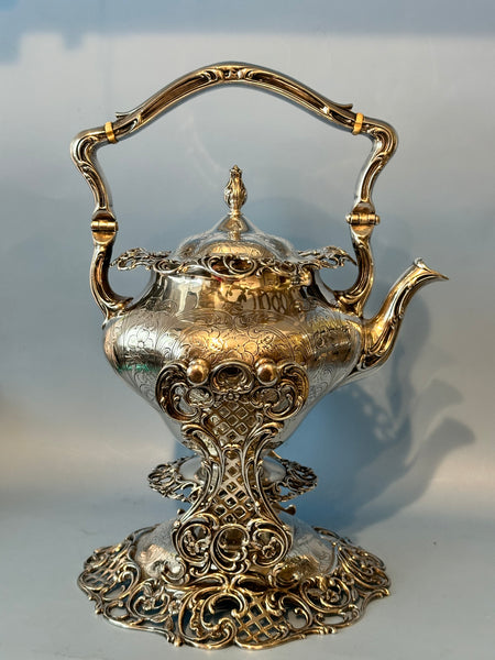 American Sterling Silver Kettle on Stand with Burner. Circa 1910. Pierced Flower