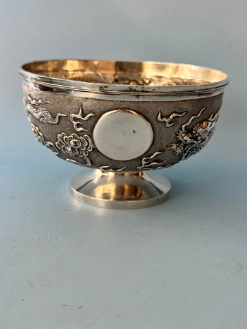 Chinese Silver Zeewo Footed Bowl. Dragon Chasing Flaming Pearl. 4 1/2" Diameter