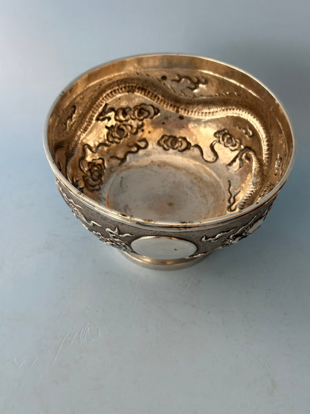 Chinese Silver Zeewo Footed Bowl. Dragon Chasing Flaming Pearl. 4 1/2" Diameter