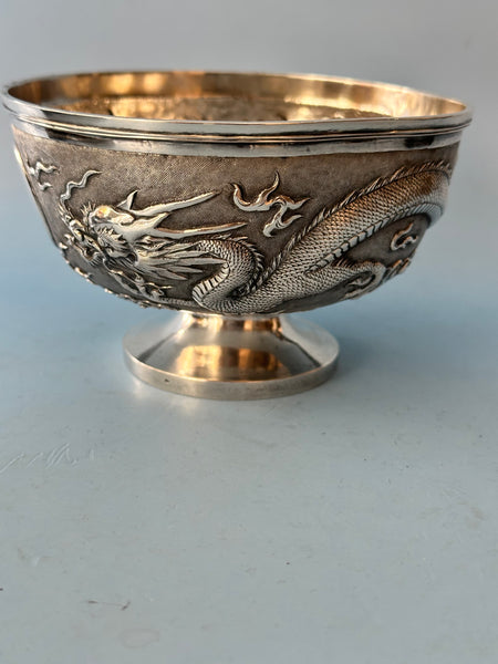 Chinese Silver Zeewo Footed Bowl. Dragon Chasing Flaming Pearl. 4 1/2" Diameter