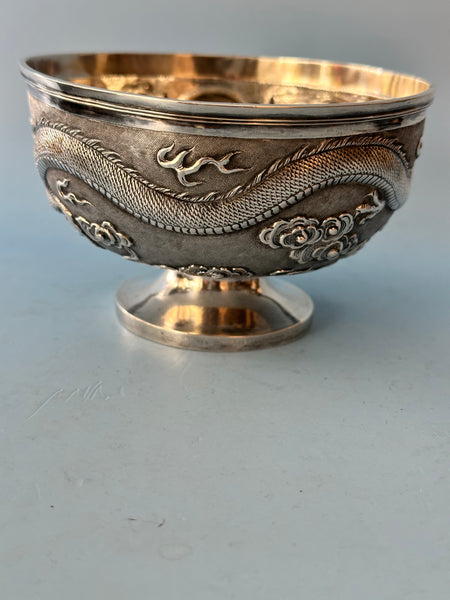 Chinese Silver Zeewo Footed Bowl. Dragon Chasing Flaming Pearl. 4 1/2" Diameter