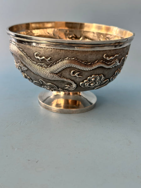 Chinese Silver Zeewo Footed Bowl. Dragon Chasing Flaming Pearl. 4 1/2" Diameter