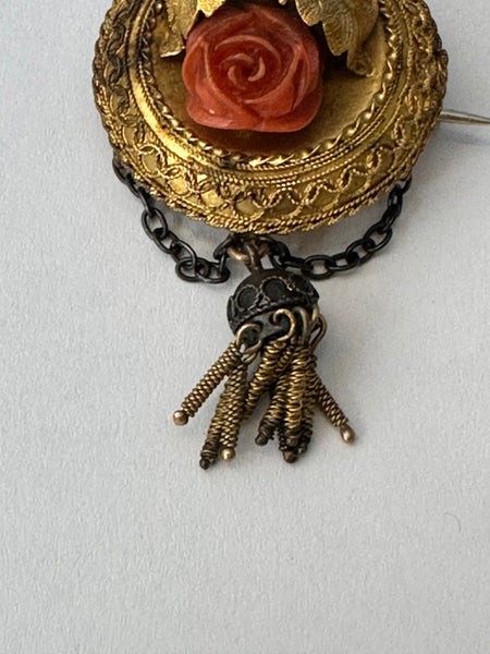 Victorian Brooch Pin. 14k Yellow Gold with Carved Coral Rose. Late 19th Century