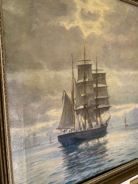 Frans Landt (1886-1975) Denmark. Oil on Canvas of Tall Ships. Signed and Dated